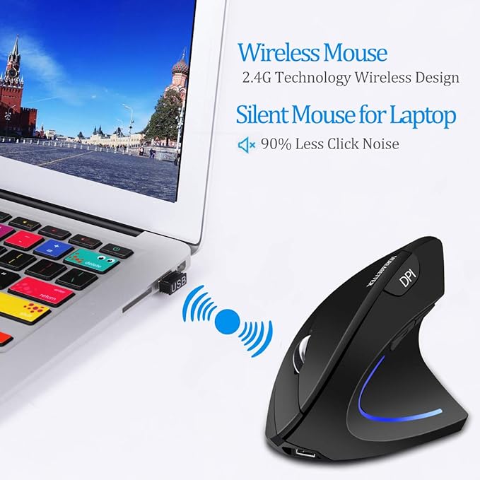 More&Better Ergonomic Wireless Mouse - Rechargeable 2.4G Optical Vertical Mice, 800 / 1200 /1600 DPI, 5 Buttons for Laptop, Desktop, PC, MacBook, gray black ergonomic mouse