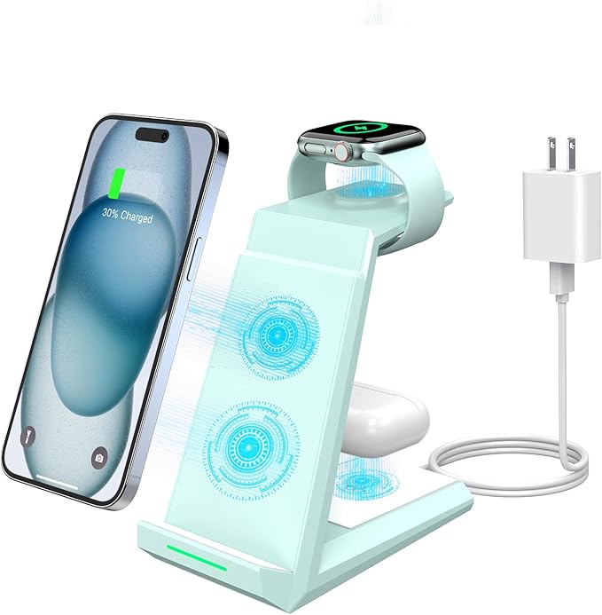 Wireless Charging Station for iPhone - ADADPU 3 in 1 Charger Stand for iPhone 17 16 15 14 13 12 11 Pro Max XR 8 Plus, Wireless Charging Dock for Apple Watch 9/8/7/SE/6/5/4/3/2, AirPods Pro/3/2 (Green)
