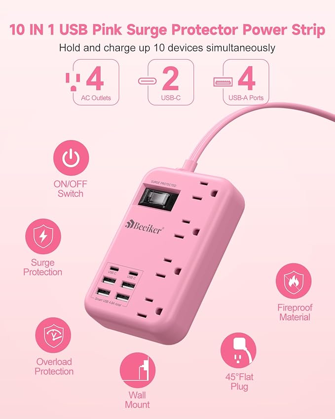 6 USB(2 USB C) Pink Extension Cord- 5Ft Travel Power Strip with 24W USB Charging Station and 4 Outlets, Pink Desk Accessories with Surge Protector for Cute Kawaii Gifts College Dorm Desk
