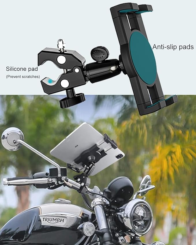 Bike Tablet Holder, Metal Motorcycle Tablet Mount, Anti Shake Handlebar Clamp for iPad Pro 12.9/11/ Air/Mini, Galaxy Tabs, Z Fold, iPhone, Fits 4-13" Tablets, 1/4'' Screw Adapter for Camera