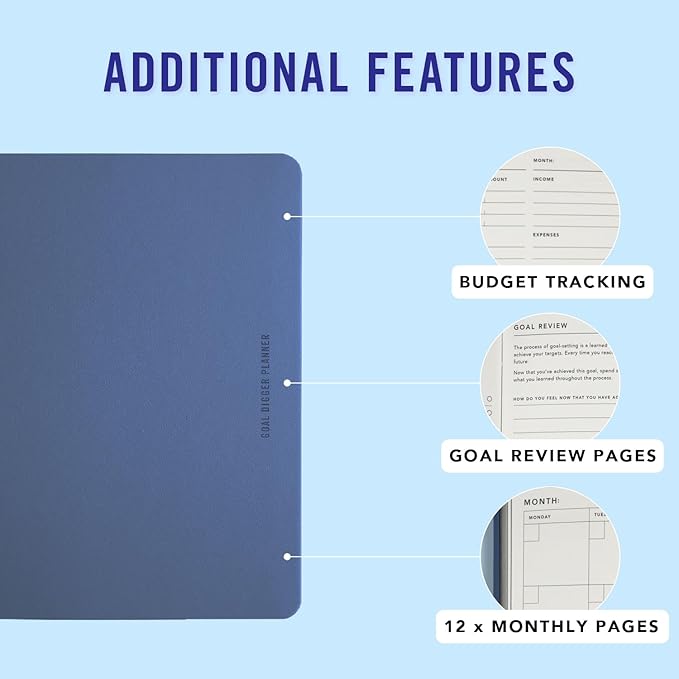 Mi Goals Undated 12 Month Goal Digger Weekly Planner - Reinforce Positive Habits, Practice Gratitude and Encourage Mindfulness - 280 Page Undated Planner and Journal, Blue B5 (‎6.9 x 9.8 Inches)