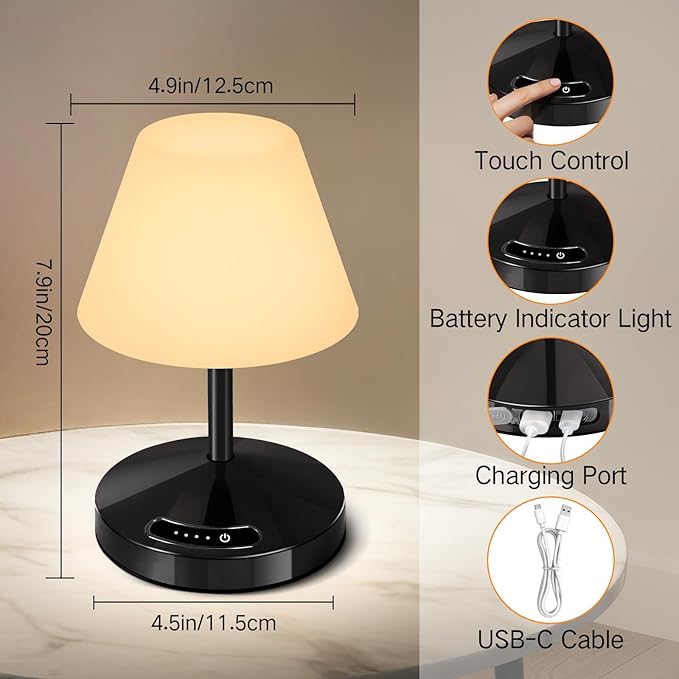 OUTON Rechargeable LED Shower & Table Lamp, Waterproof, USB Output, Stepless Dimming, 3 Colors, Power Indicator, Memory Function, Battery Operated Light for Home, Bathroom, Patio & Outdoor (Black)