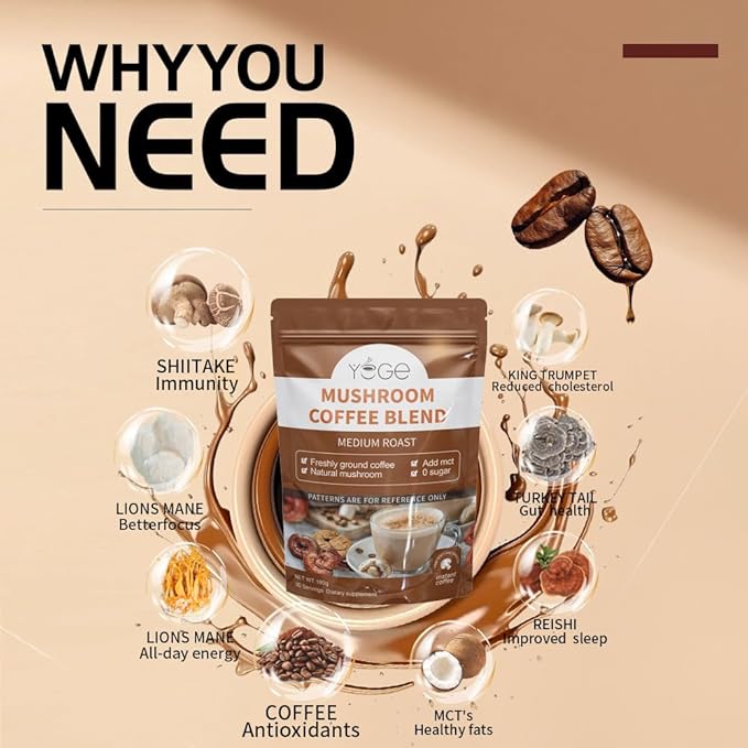 Mushroom Coffee, Organic 6 Mushrooms with Cordyceps, Reish, King Trumpet, Shitake, Turkey Tail, Lions Mane, Instant Coffee Powder for Energy,Focus, Digestion & Immune Support, 30 Servings