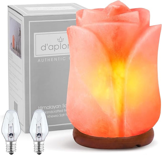 d'aplomb 100% Authentic Natural Himalayan Salt Lamp;Hand Carved Flower Rose Crystal Rock Salt from Himalayan Mountains; Dimmer Cord (Pink Flower)