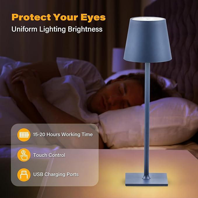 2 Pack Cordless Table Lamps, 3 Colors Stepless Dimming, 5000mAh Rechargeable Battery LED Desk Lamp for Bedroom/Couple Dinner/Desk/Cafe/Dining Room/Terrace