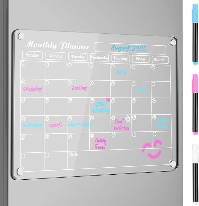 DIYMAG Fridge Skylight Calendars,15" x 11" 2025 Planning Pads Acrylic Magnetic Digital Calendar for Refrigerator Transparent Dry Erase Monthly Planner Whiteboard with 3 Colors Markers