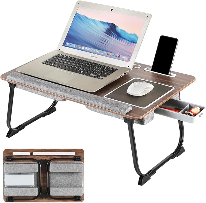 Laptop Desk, 2-in-1 Lap Desk, 17 inch Laptop Desk with Cushion, with Mouse pad Comes with Phone iPad Slot, Drawer, Foldable Bed Desk, Sofa Tray Reading Table