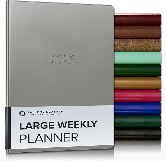 Gallery Leather Large Weekly Monthly Planner 2025-2026, Elegantly Bound Calendar Planner and Notebook with Stylish Gold-Gilded Page Edges, 12 Months - Freeport Metallic Silver - 9.75 x 7.5 "