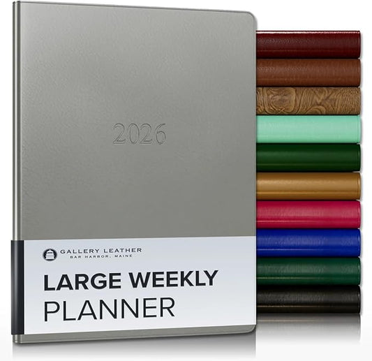 Gallery Leather Large Weekly Monthly Planner 2025-2026, Elegantly Bound Calendar Planner and Notebook with Stylish Gold-Gilded Page Edges, 12 Months - Freeport Metallic Silver - 9.75 x 7.5 "