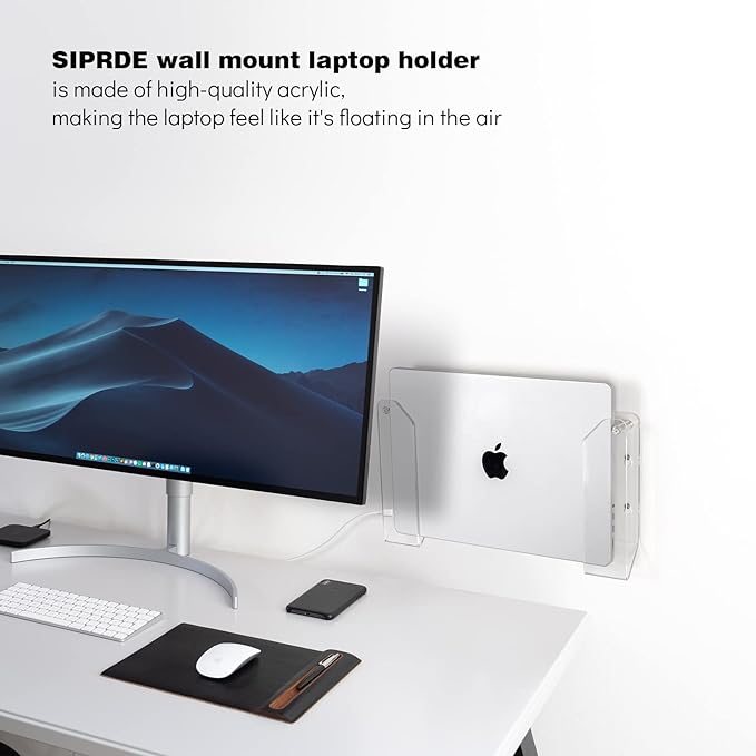 SIPRDE Wall Mount Laptop Holder - Also Available as an Under Desk Laptop Mount, Clear Acrylic, with Adhesive & Screw, for Macbooks, Surface, Keyboards, Switch, Tablets & More