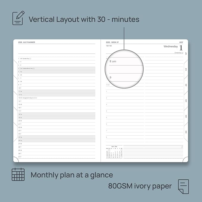 POPRUN 2026 Daily Planner One Page Per Day Even Weekends A4 Large Size (8.5" x 12") - 12 Months Calendar Hourly Appointment Book with Inner Pocket, Pen Holder, Hardcover - Pacific Green