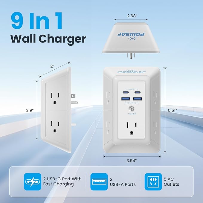 Multi Plug Outlet Surge Protector - POWSAF 5 Outlet Extender with 4 USB Ports(2 USB-C PD 20W) and Night Light, 3-Sided Power Strip with Adapter Spaced Outlets - ETL, White