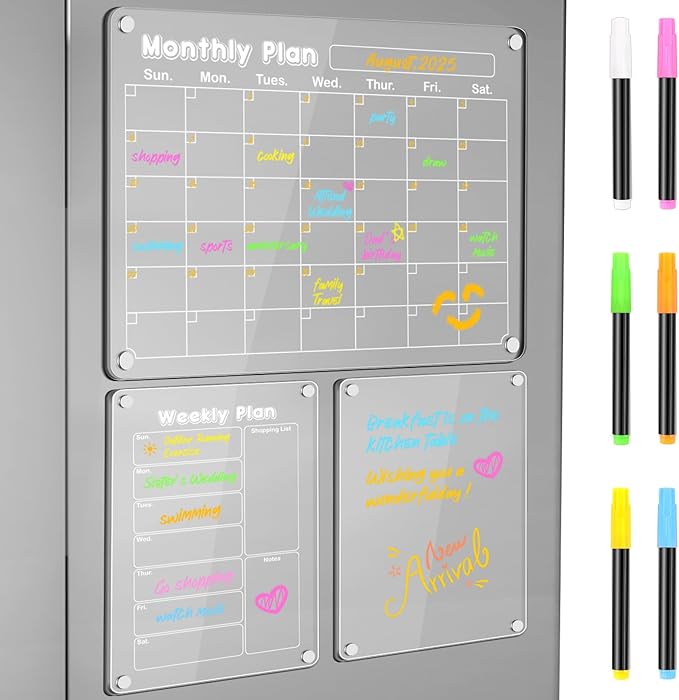 DIYMAG Planning Pads 3Pack Acrylic Magnetic Dry Erase Calendar for Fridge,15"x11" Set 2025 Magnetics Weekly Monthly Memo Planner Board for Refrigerator with 6 Colors Markers