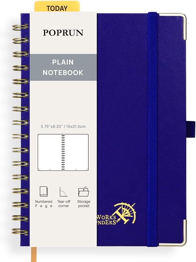 POPRUN Blank Journal Notebook, [A5-5.75'' x 8.25''] - 120 GSM Thick Paper, 141 Numbered Pages, Spiral Hardcover for Men & Women with Pocket, Index Tabs, 8 Perforated Sheets, Royal Blue