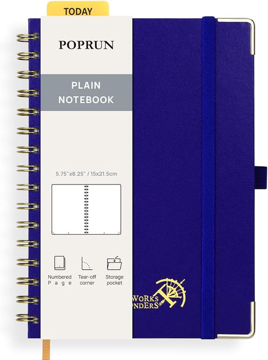POPRUN Blank Journal Notebook, [A5-5.75'' x 8.25''] - 120 GSM Thick Paper, 141 Numbered Pages, Spiral Hardcover for Men & Women with Pocket, Index Tabs, 8 Perforated Sheets, Royal Blue