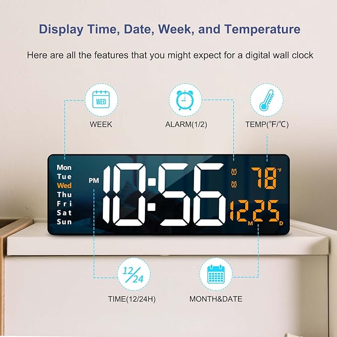 Digital Wall Clock Large Display, 16" with Remote Control for Living Room Gym Shop Warehouse Office Garage Decor, Auto Brightness Dimmer Reloj De Pared with Date Week Temp (Green)