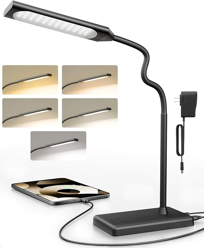 LED Desk Lamp Touch Control Desk Lamp with USB Charging Port 5 Color Modes 6 Brightness Levels Dimmable Eye-Caring Office Lamp with Memory Function 1h Timer Adjustable Gooseneck Table Lamp