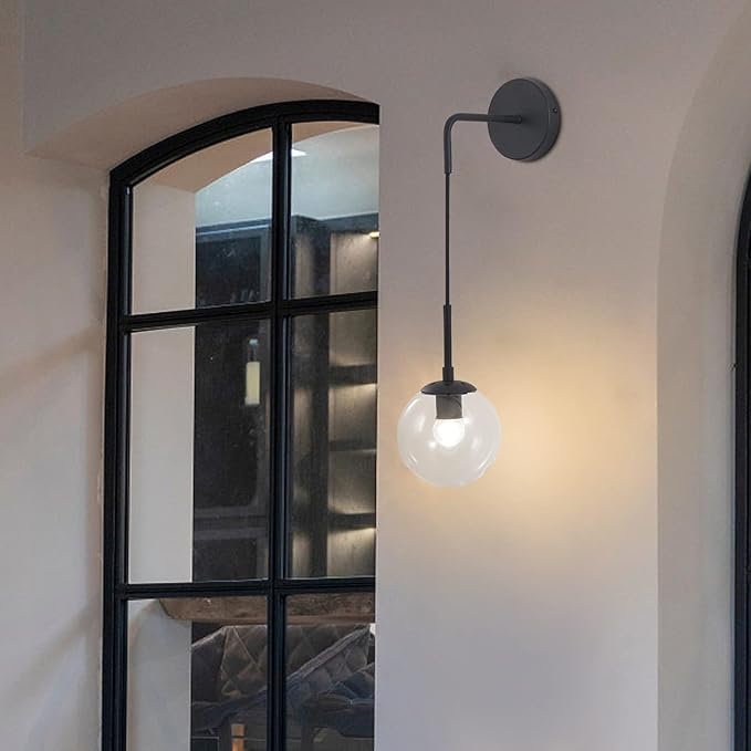 BOKT Mid Century Modern Black Wall Sconce Light Clear Glass Globe Ball Wall Lighting Minimalist Adjustable Bedside Wall Lamp 1-Light Vanity Bathroom Wall Light Fixture (Black+Clear)