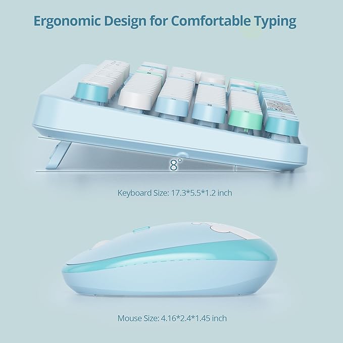 GTSP Typewriter Wireless Keyboard Mouse Combo, Cute 2.4G Office Full-Sized Retro Keyboard with Round Keycaps for Laptop PC Desktops（Blue）