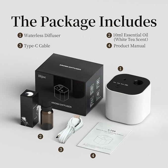 Waterless Essential Oil Diffuser,Portable Scent Diffuser with Battery Operated,3 Mist Modes,Fast Charging,Mini Aromatherapy Diffusers for Home,Bedroom,Office,Includes 10ml Essential Oil,White