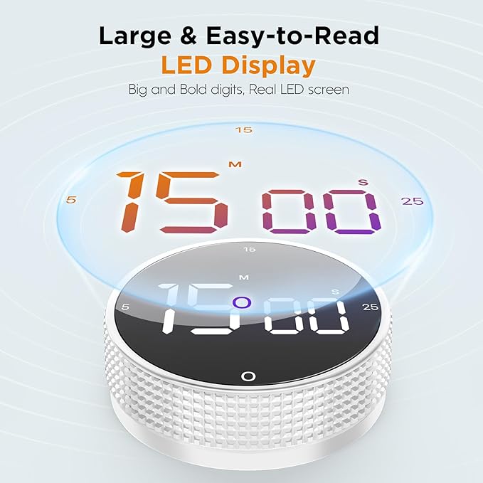 Upgrade Digital Kitchen Timer - Magnetic Countdown Countup Visual Pomodoro Timer with Large LED Display, 3-Preset Times (5, 15, 25), 3 Volume Levels, Ideal for Cooking, Baking and Fitness (1, White)