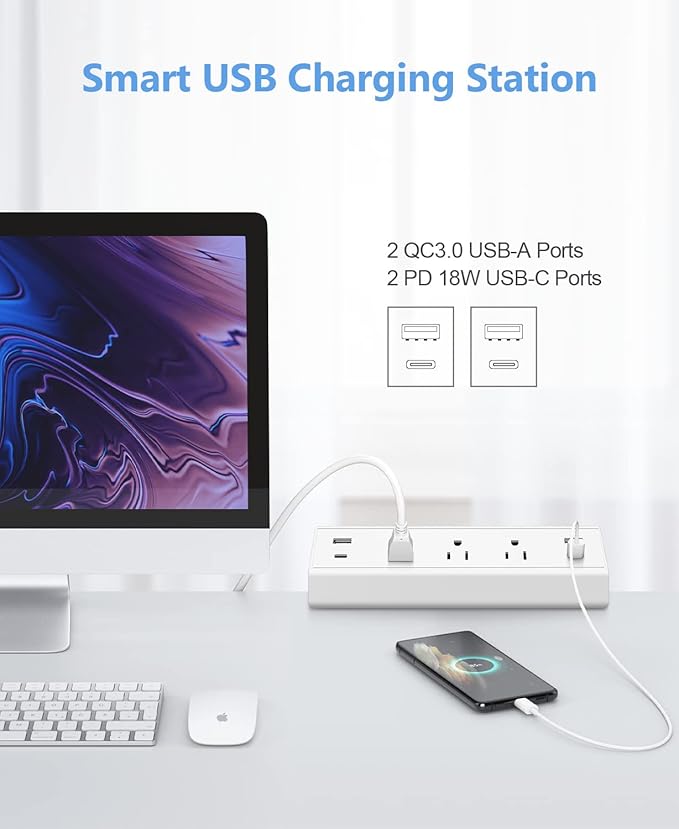 Desk Clamp Power Strip,40W Fast Charging Station,Desktop Mount Surge Protector,2 PD 20W USB C Ports,3 Outlets for Home,Office,Fit 1.9" Tabletop Edge (White, 3 Outlets & 4 USB Ports & 10 FT Cable)