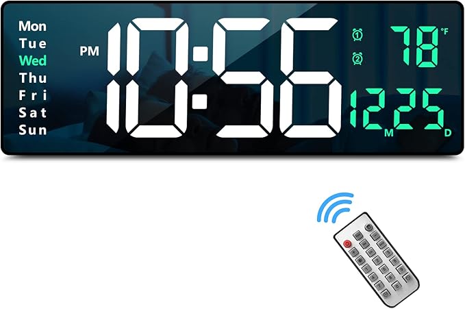 Digital Wall Clock Large Display, 16" with Remote Control for Living Room Gym Shop Warehouse Office Garage Decor, Auto Brightness Dimmer Reloj De Pared with Date Week Temp (Green)