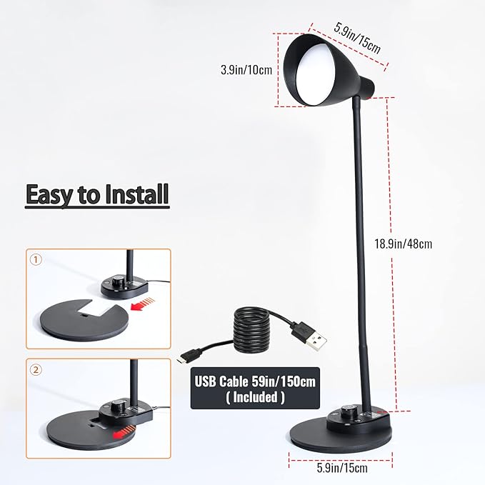 LED Desk Lamp, Desk Light with USB Charger, 3 Color Temperature and 20 Brightness Levels, Eye-Caring Metal Desk Light for Office and Bedroom, 10W, 1000 Lumens, Adapter Included (Black)
