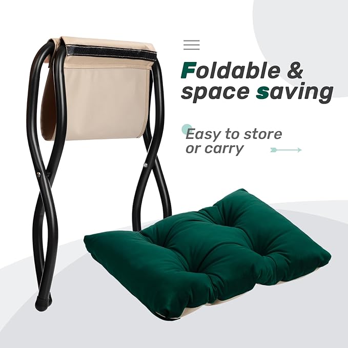 HollyHOME 15"(H) Folding Footrest Stool, Upholstered Small Foldable Ottoman, Accent Padded Sofa Foot Stool for Lazy Chair, Metal Frame Portable Foot Rest Ottoman for Home, Living Room, Bedroom, Green