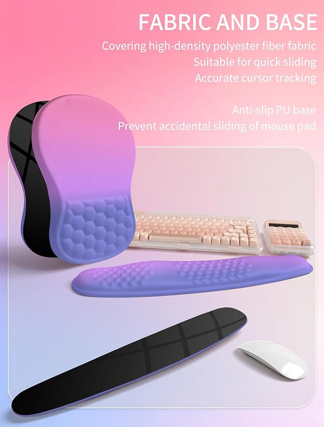 Hokafenle 2in1 Combination, Wave Keyboard Wrist Rest and Ergonomic Curvature Mouse Pad Wrist Support for Relieve Wrist Pain, Filled with Soft Cushion Memory Foam, Gradient Blue Purple