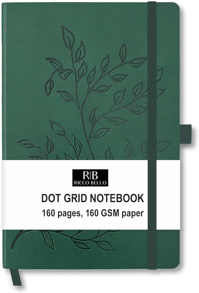 RICCO BELLO Hardcover Dot Grid Journal Notebook, Lay Flat Design, Pen Holder, 5.7 x 8.4 inches, Thick 160 gsm Paper, 80 sheets/160 pages (Green Leaves)