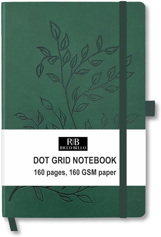 RICCO BELLO Hardcover Dot Grid Journal Notebook, Lay Flat Design, Pen Holder, 5.7 x 8.4 inches, Thick 160 gsm Paper, 80 sheets/160 pages (Green Leaves)