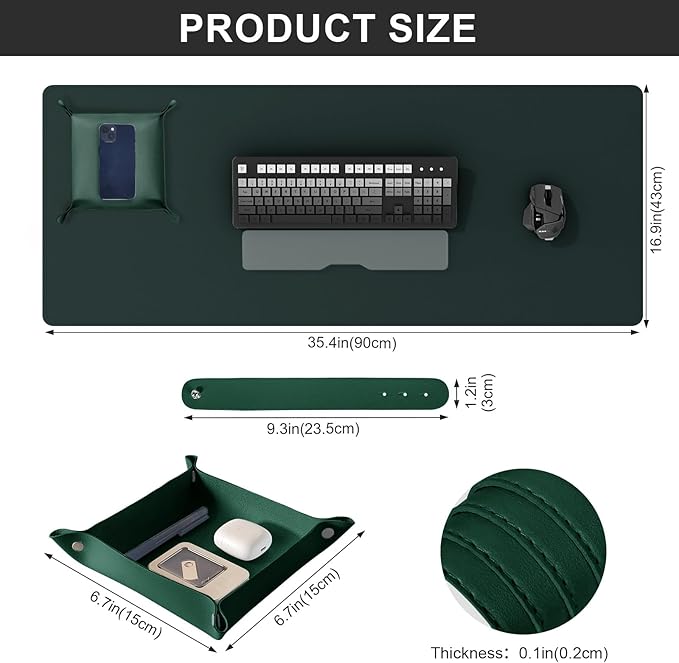 DAWNTREES Dark Green Desk Mat,Leather Desk Pad,35.5"x17",Cork Desk Mat Protector,with PU Leather Valet Tray Organizer,Large Mouse Pad,Desk Writing Pad for Office and Home