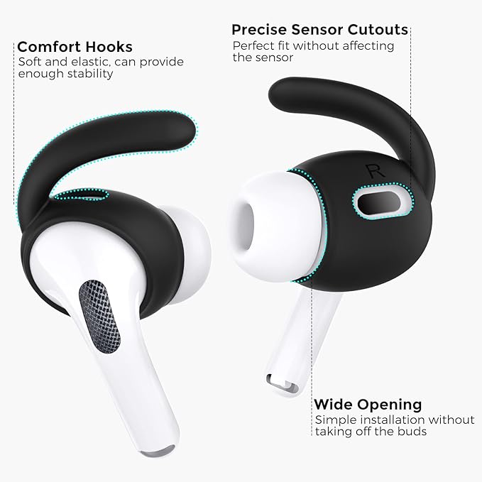 AhaStyle 4 Pairs AirPods Pro 2 Ear Hooks【Added Storage Pouch】 Anti-Slip Ear Covers Silicone Accessories Compatible with Apple AirPods Pro 2nd Generation (2 Large+2 Small, Black)