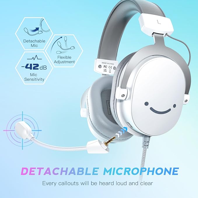 FIFINE USB PC Gaming Headset with 3.5mm Audio Jack, Detachable Microphone, 7.1 Surround Sound, Volume Control, Streaming Over-Ear Wired Headphones for Computer, PS5, Controller, Xbox-H9 White