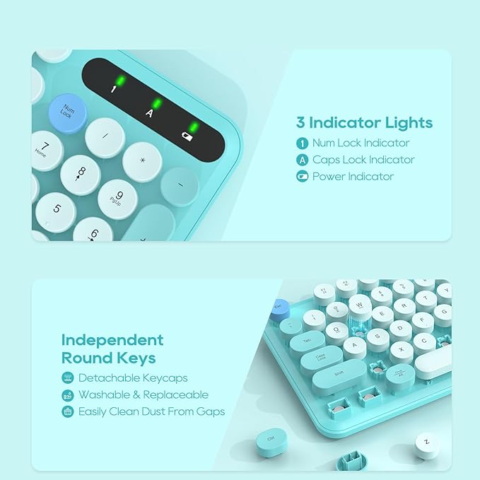 Wireless Keyboard and Mouse Combo, Full-Size Retro Typewriter Keyboard with Detachable Wrist Rest, Round Keycaps, Sleep Mode & Tilt Legs, 2.4GHz Cordless Connection for Windows/PC (Robin Egg Blue)