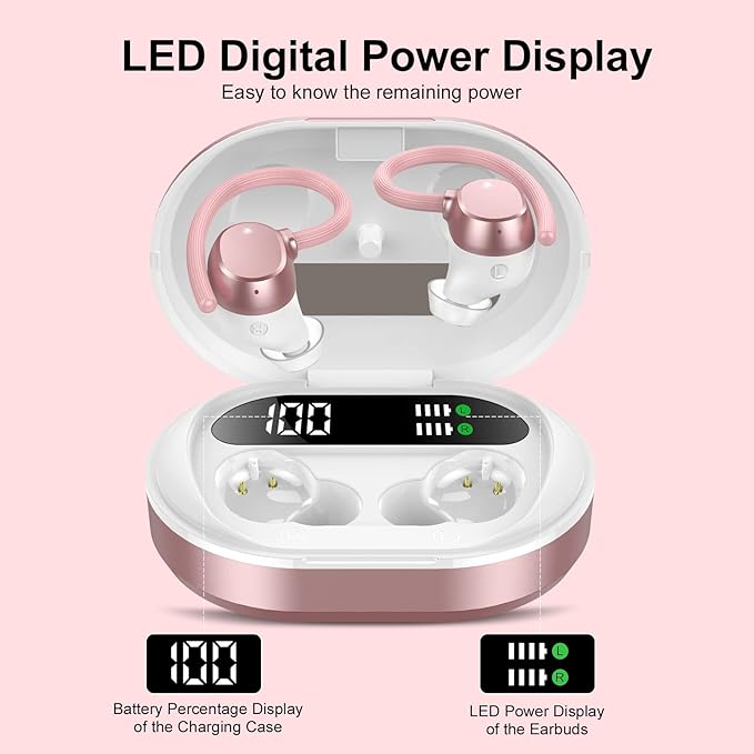 Ear Buds Wireless Earbuds, HiFi Stereo Bluetooth 5.3 Running Headphones with Dual LED Display 30Hrs Playtime, Built-in Mic, Type-C, in-Ear Bluetooth Earphones with Earhooks for Sport, Rose Gold