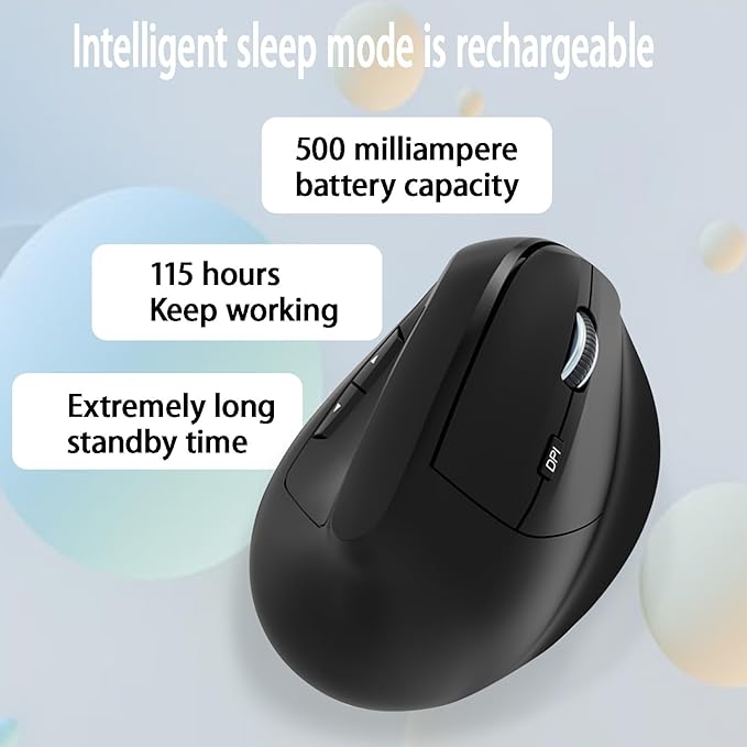 Ergonomic Vertical Mouse Wireless, Rechargeable Ergo Mouse for Carpal Tunnel Relief, 3200DPI Adjustable, 6 Buttons for PC/Laptop/Mac/Windows (Black)
