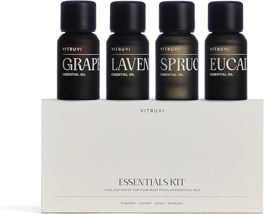 Vitruvi Essentials Kit, Essential Oil Starter Kit, 100% Pure Lavender, Eucalyptus, Grapefruit, Spruce, Essential Oil Set | Essential Oils for Diffusers Aromatherapy 4X 10ml (0.3 fl.oz), 4 Count