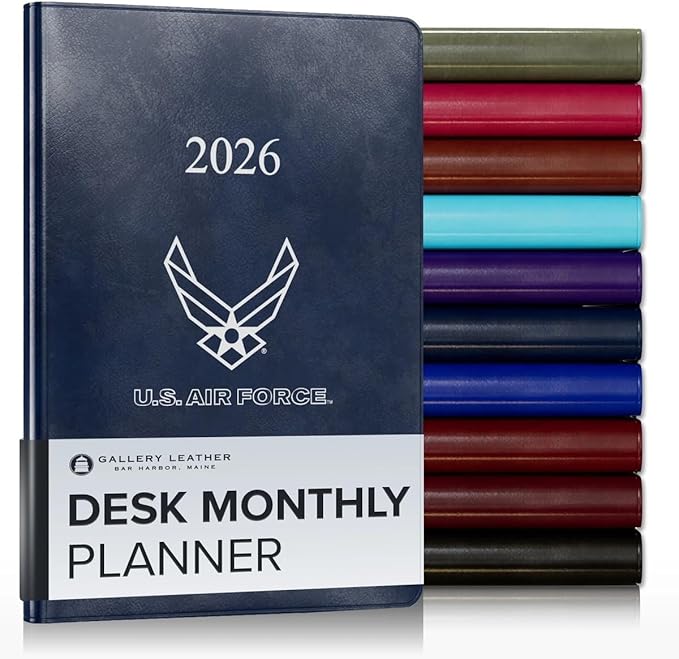 Gallery Leather Desk Monthly Planner 2025-2026, Elegantly Bound Calendar Planner and Notebook with Stylish Gold-Gilded Page Edges, 18 Months - Acadia Navy - US Air Force - 8x5.5”