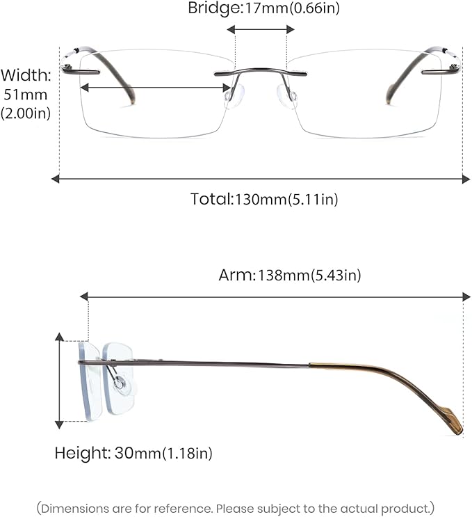 Cyxus Titanium Small Rectangle Glasses for Men Blue Light Blocking Eyewear Ultralight Anti Eye Strain Rimless Eyeglasses Reduce Headache Gunmetal Frames