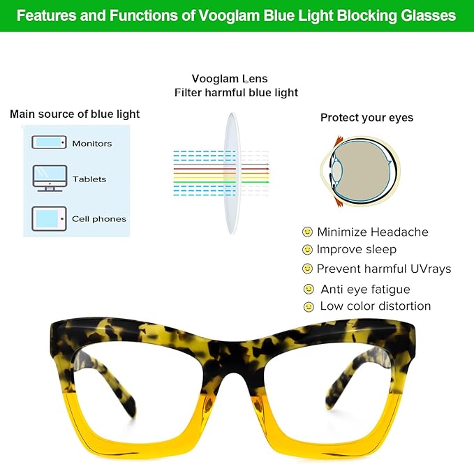 VOOGLAM Stylish Rectangle Blue Light Blocking Glasses for Women Anti Eyestrain Dry Eyes Eyewear Sienna