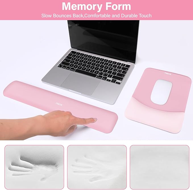 MOSISO Wrist Rest Support for Mouse Pad&Keyboard Set, Rectangular Ergonomic Mousepad Non-Slip Base Home/Office Pain Relief&Easy Typing Pad with Neoprene Cloth&Raised Curved Memory Foam, Pink