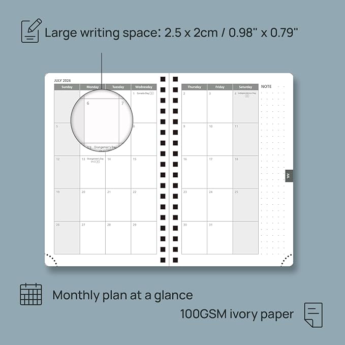 POPRUN 2026 Planner Weekly Notebook (Jan-Dec), Small Size 4''x 6.25'' - 2026 Pocket Calendar for Purse with Spiral Soft Cover, Plastic Ruler, Inner Pocket, 100 GSM TJ - Lilac