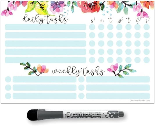 Dry Erase Whiteboard Task Planner | Removable and Restickable Adhesive Decal | Fine-Tip Magnetic Marker Included (6 x 9 inches, Floral)