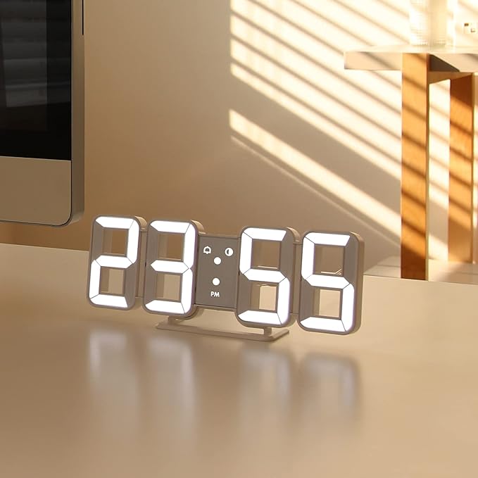 mooas 3D Pure Mini White LED Clock, Multi-Function LED Clock (Calendar, Alarm, Temperature) (8.5" White Table Alarm Clock)