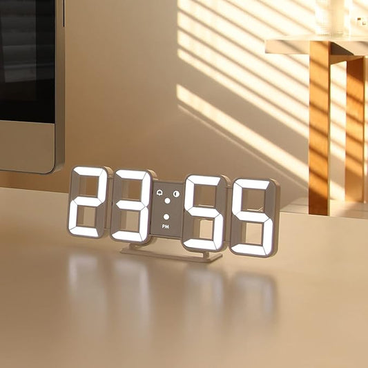 mooas 3D Pure Mini White LED Clock, Multi-Function LED Clock (Calendar, Alarm, Temperature) (8.5" White Table Alarm Clock)