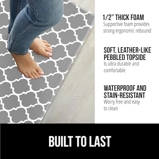 GORILLA GRIP 2 Pack Comfortable Cushioned Kitchen Mats for Floor, 17x24 + 17x48, Waterproof and Stain Resistant, 1/2 Inch Thick Ergonomic Standing Desk Anti Fatigue Mat, Foam Supports Feet, Grey White