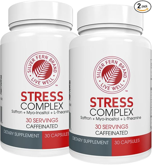 Silver Fern Stress Complex Supplement - with Caffeine - Sleep, Worry, Mood & More - with Saffron Supplements, L-Theanine Supplement, and Myo-inositol - Natural Stress Relief Supplement (Pack o 2)