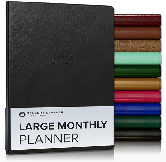 Gallery Leather Large Monthly Planner 2025-2026, Elegantly Bound Calendar Planner and Notebook with Stylish Gold-Gilded Page Edges, 18 Months - Monhegan Black - 9.75x7.5"